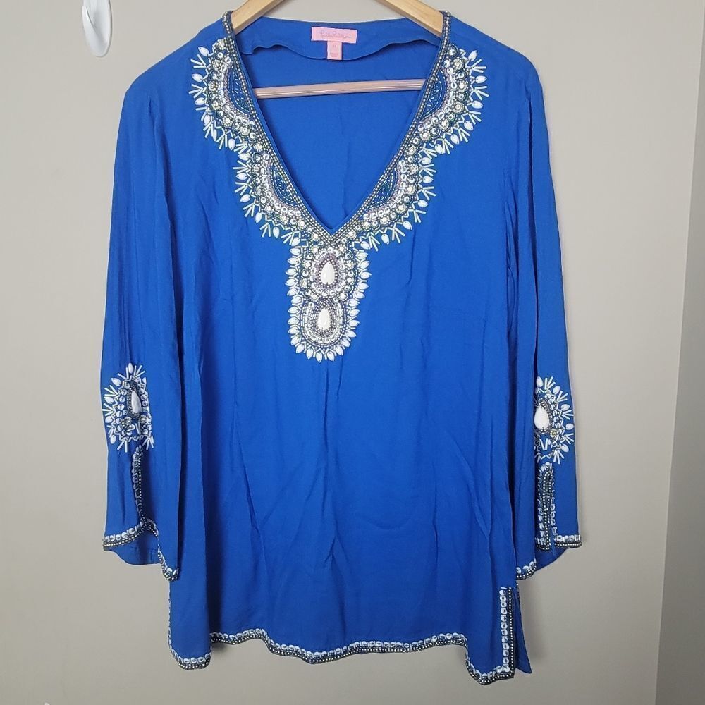 Lilly Pulitzer Braydon Beaded Embellished Tunic Top Blue Medium